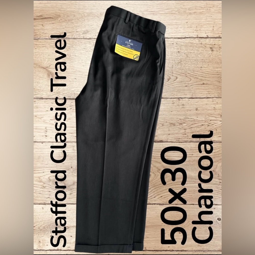 NWT Men's 50x30 Stafford Travel Trousers Charcoal Classic Fit No Iron Slacks